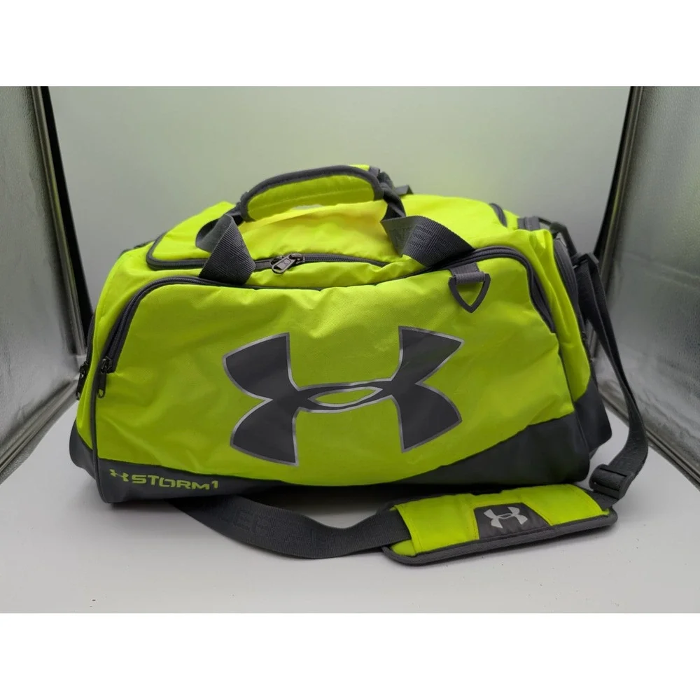 Under Armour Storm 1 Duffel Bag Neon Yellow Grey HeatGear Athletic Gym Travel